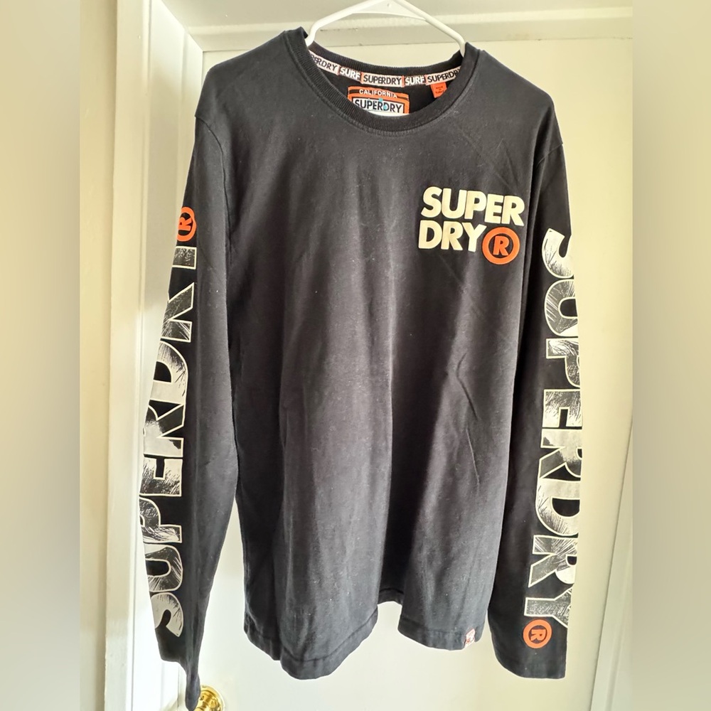 Superdry Black Long Sleeve Logo Tee with White Sleeve Print and Orange Accents